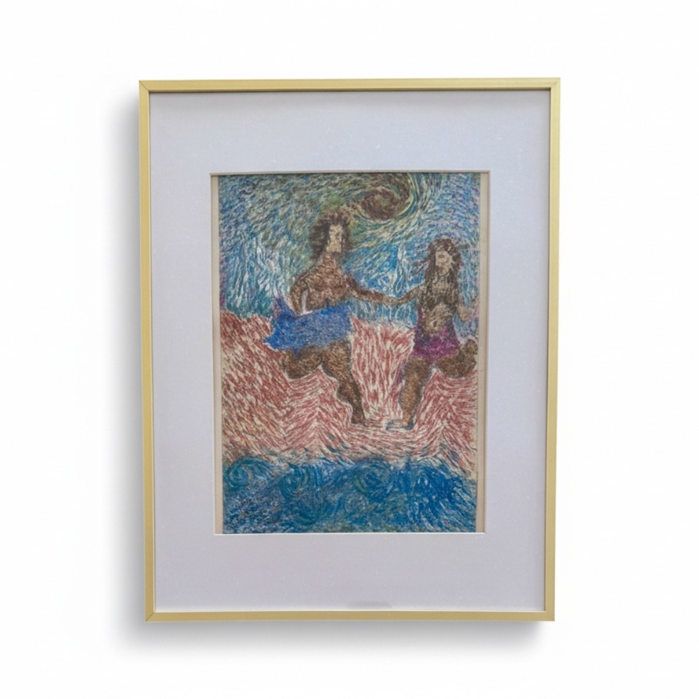 ORIGINAL HAND DRAWING - IN PLEXI GOLD METAL FRAME - 11" X 14"